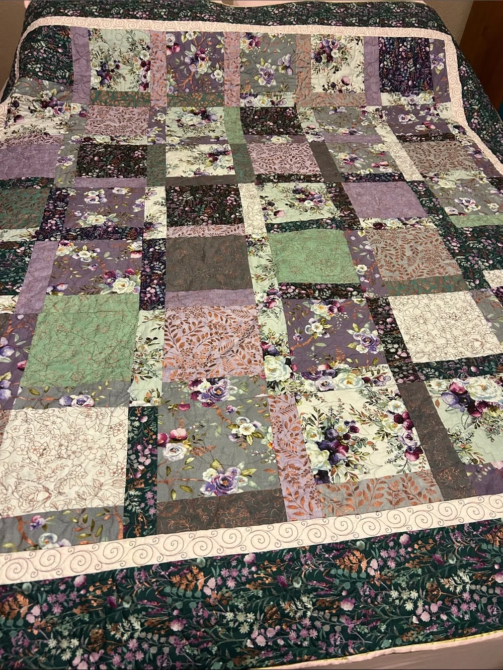 ONE OF A KIND - HANDCRAFTED Quilt in Shades of Purples, Green and Cream